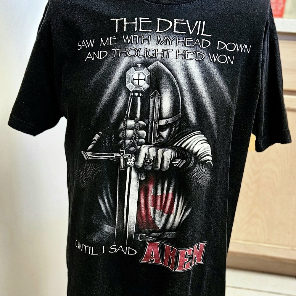 "Devil Saw Me With My Head Down" Men's Sz-L, Black T-Shirt (Inspirational)